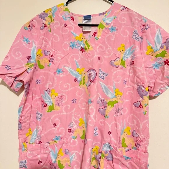 Disney | Tinkerbell Pink Cartoon Print Scrub Top - Picture 2 of 6